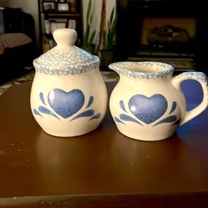 Vintage Guyroc China Cream and Sugar Bowl Set with lid. Blue heart design, used.